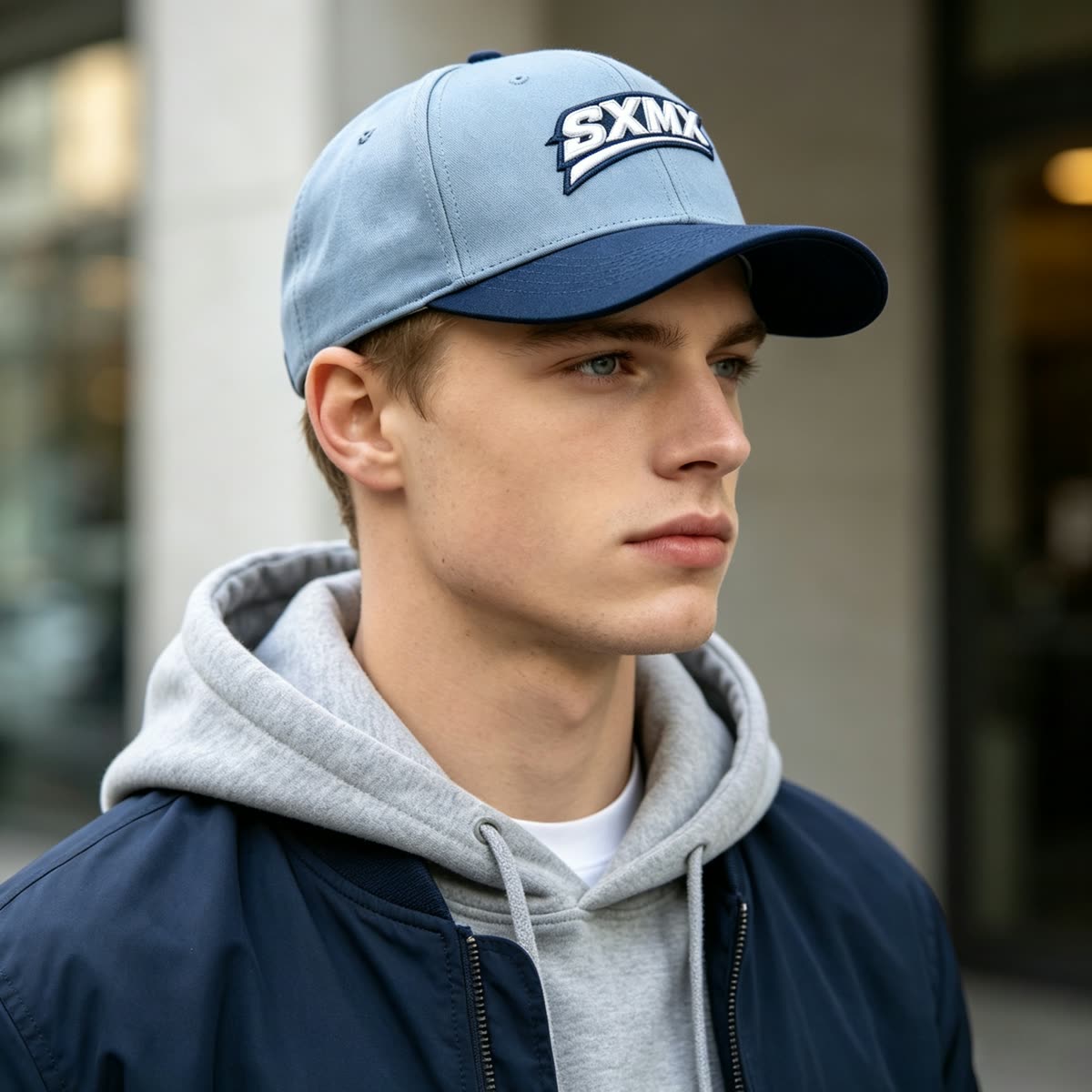Custom Varsity Lettering Baseball Cap with Two-Tone Design on model