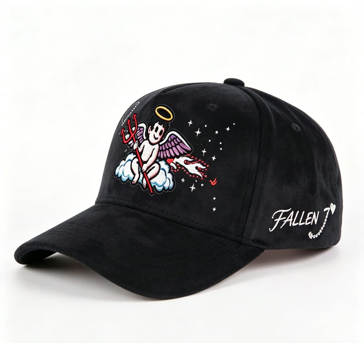 Custom Suede Baseball Cap with Cherub and Stars Embroidery - image 1