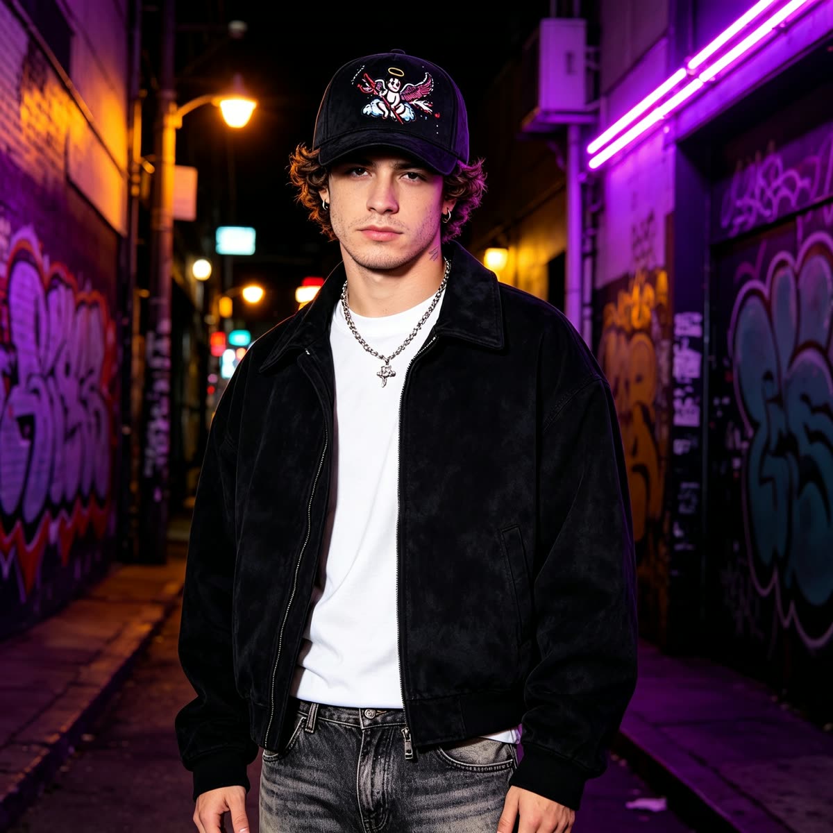 Custom Suede Baseball Cap with Cherub and Stars Embroidery on model