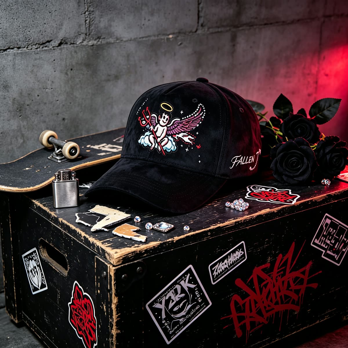 Custom Suede Baseball Cap with Cherub and Stars Embroidery scene