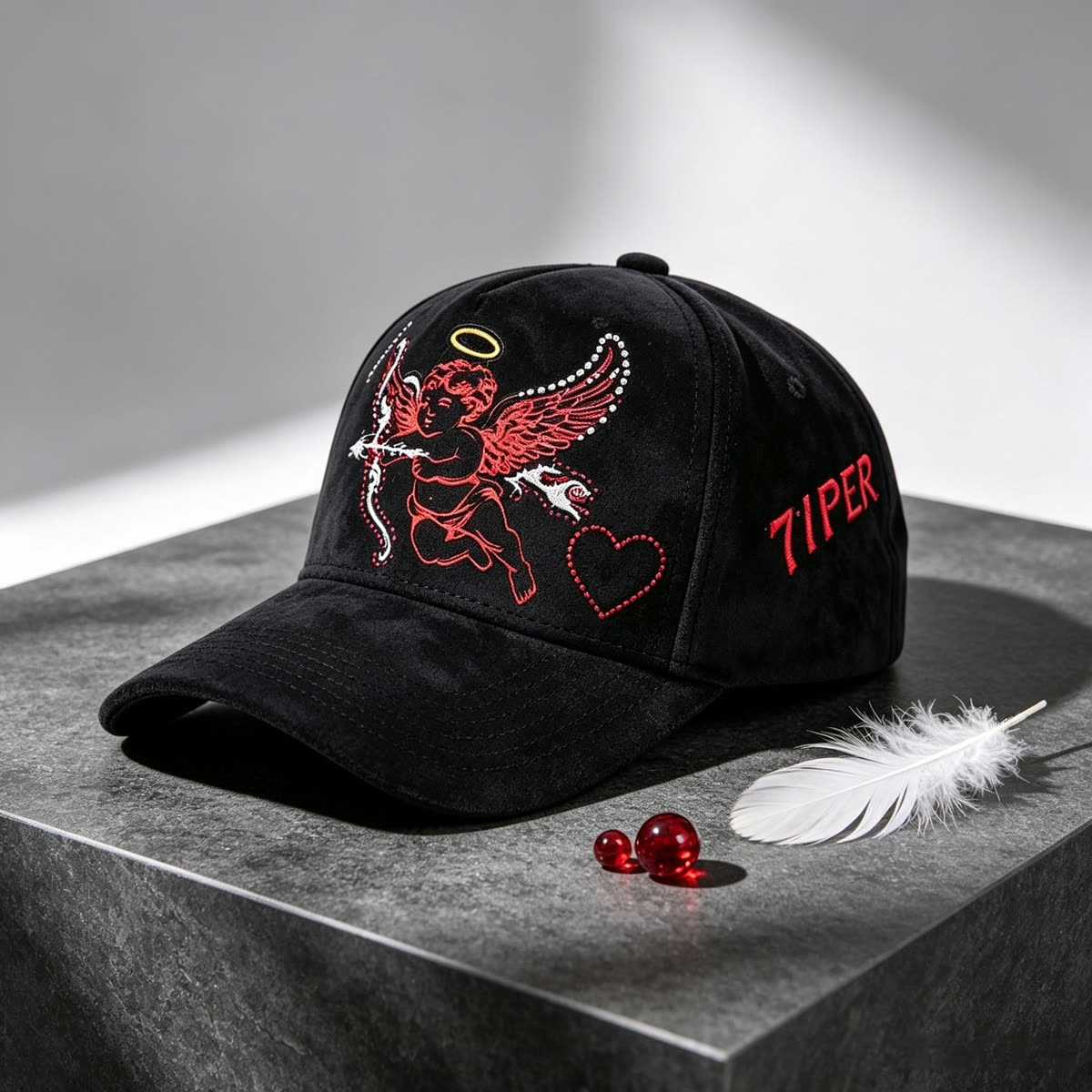 Custom Suede Baseball Cap with Cherub and Stars Embroidery scene