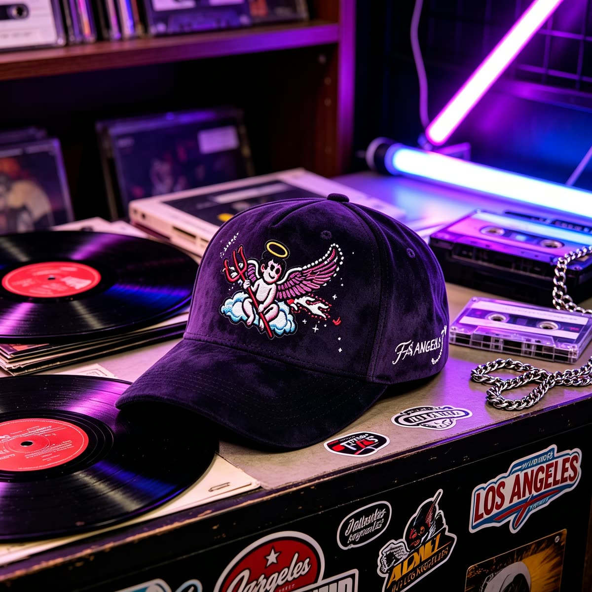 Custom Suede Baseball Cap with Cherub and Stars Embroidery scene