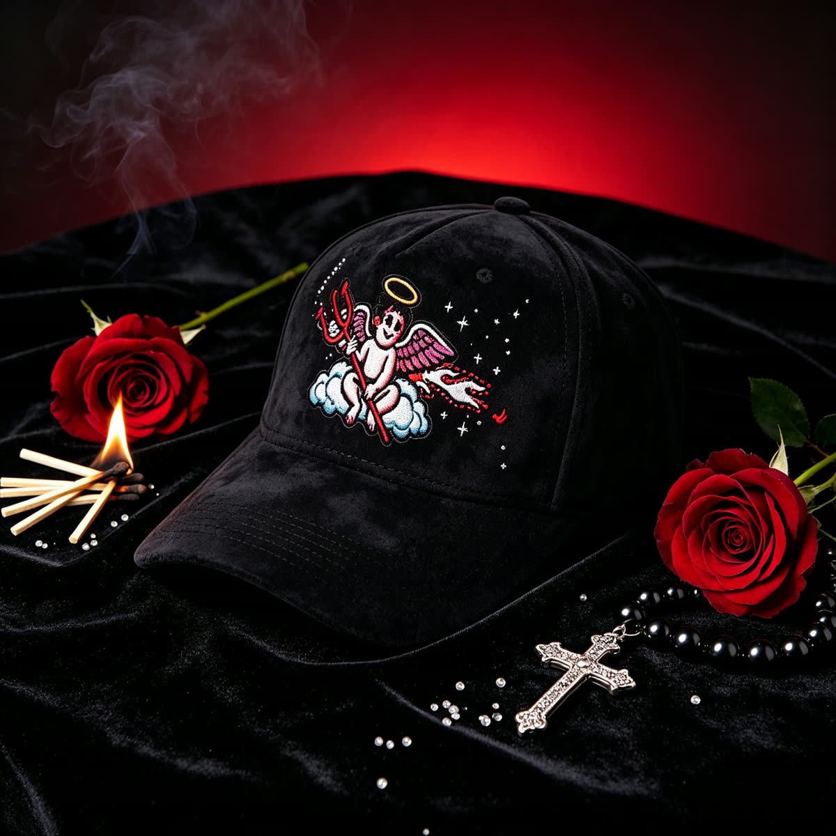 Custom Suede Baseball Cap with Cherub and Stars Embroidery scene