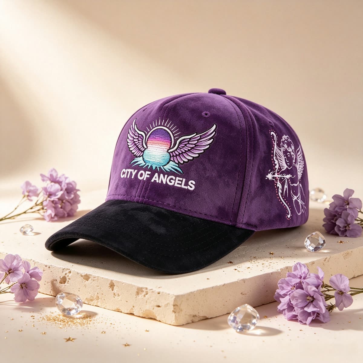 Custom Suede Baseball Cap with Cherub and Stars Embroidery scene
