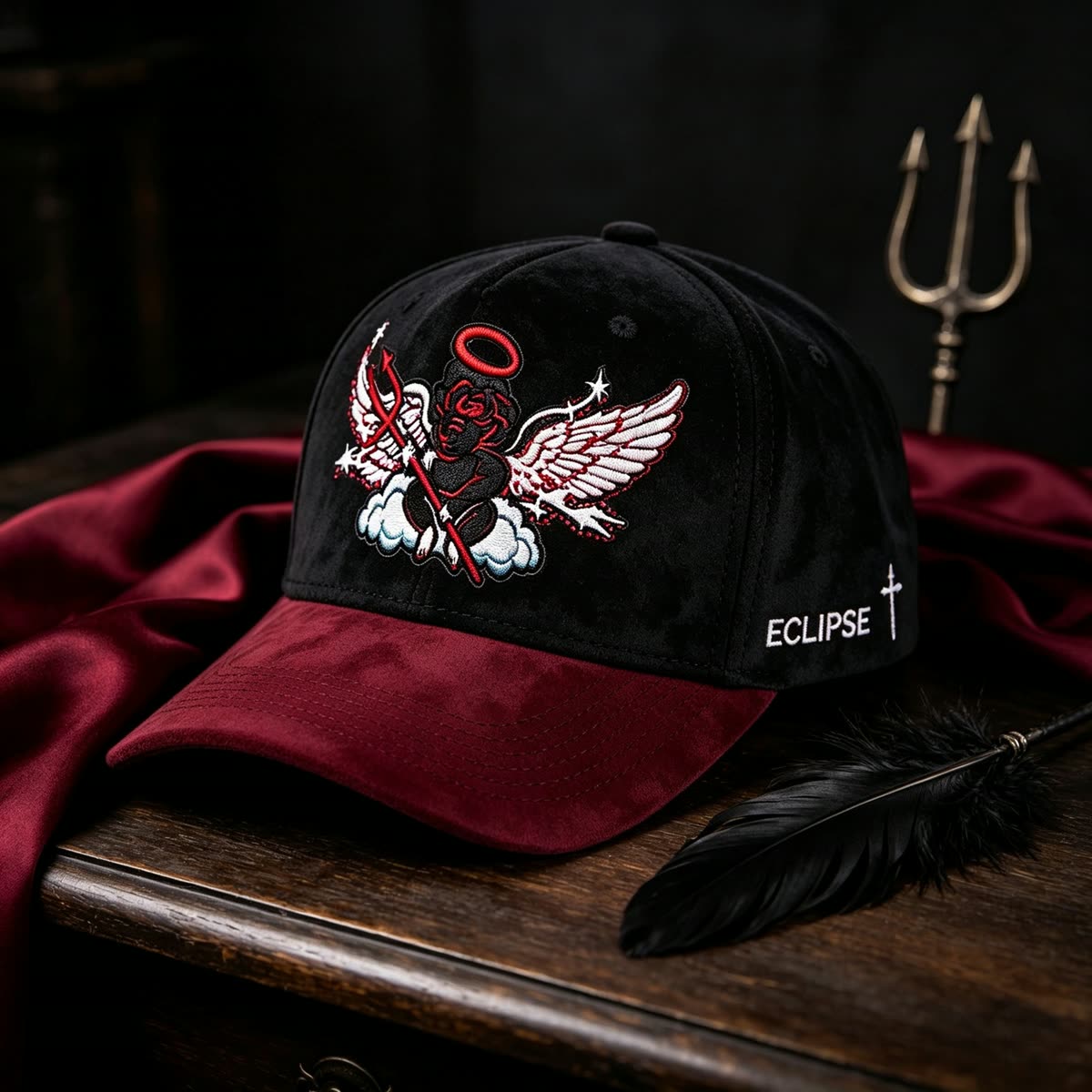 Custom Suede Baseball Cap with Cherub and Stars Embroidery scene