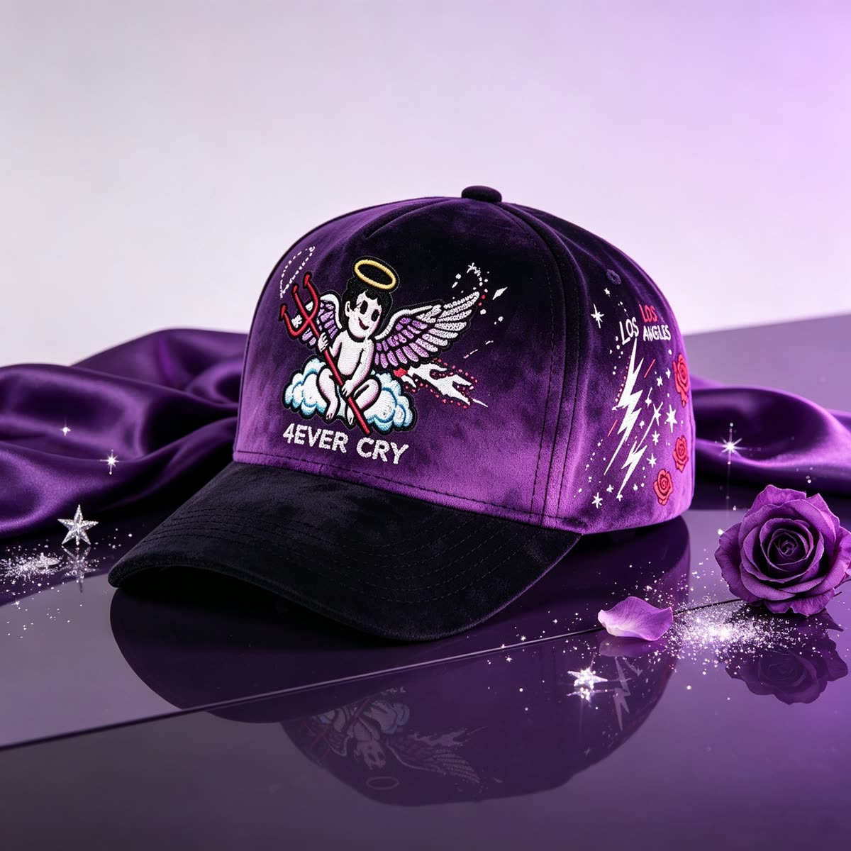 Custom Suede Baseball Cap with Cherub and Stars Embroidery scene