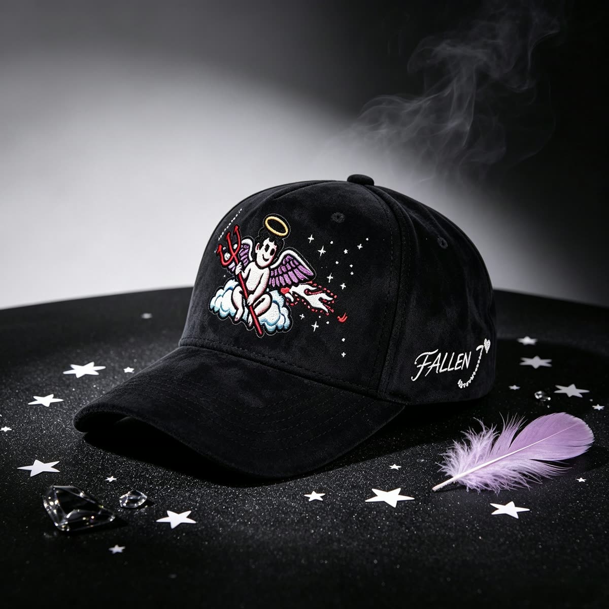 Custom Suede Baseball Cap with Cherub and Stars Embroidery scene