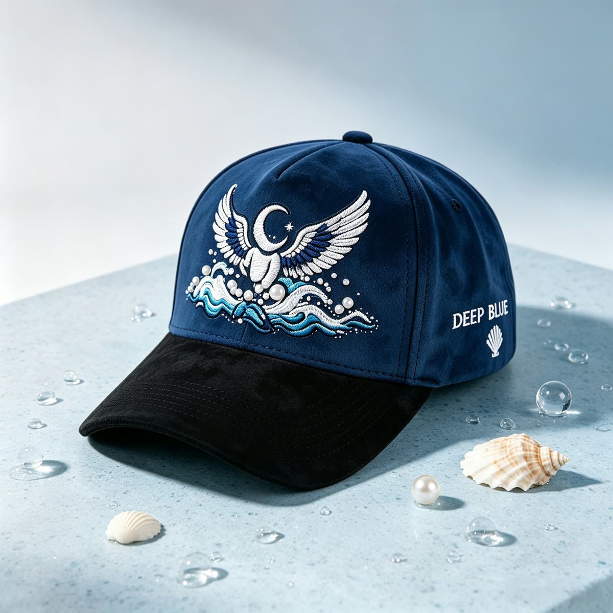Custom Suede Baseball Cap with Cherub and Stars Embroidery scene