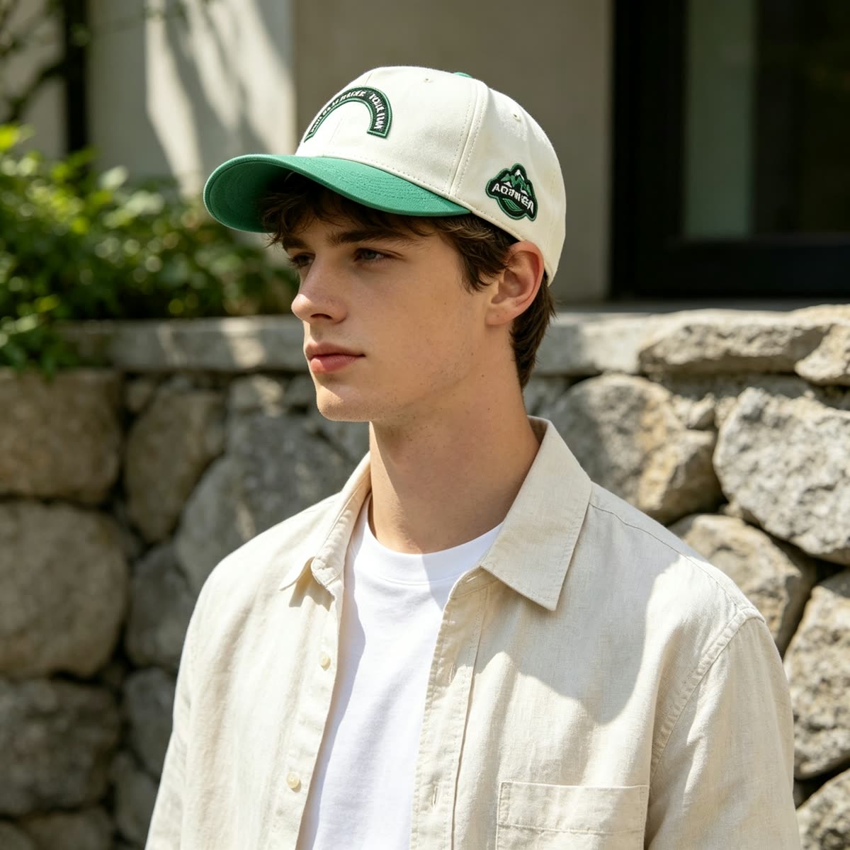Custom Embroidered Patch Camp Cap with Two-Tone Design on model