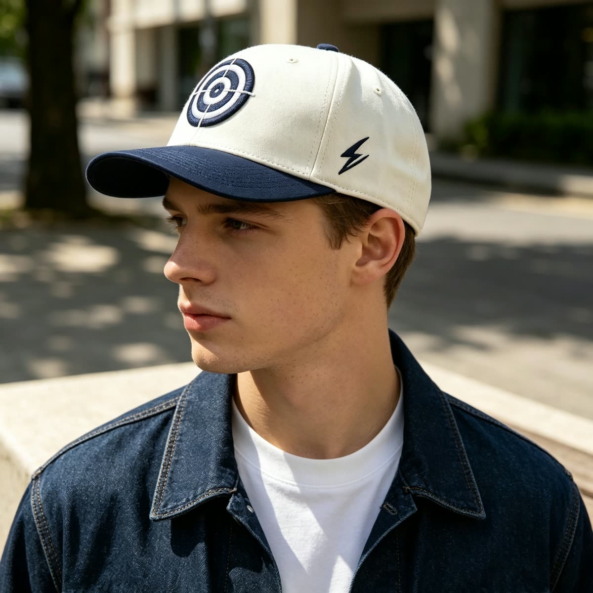 Custom Embroidered Patch Camp Cap with Two-Tone Design on model