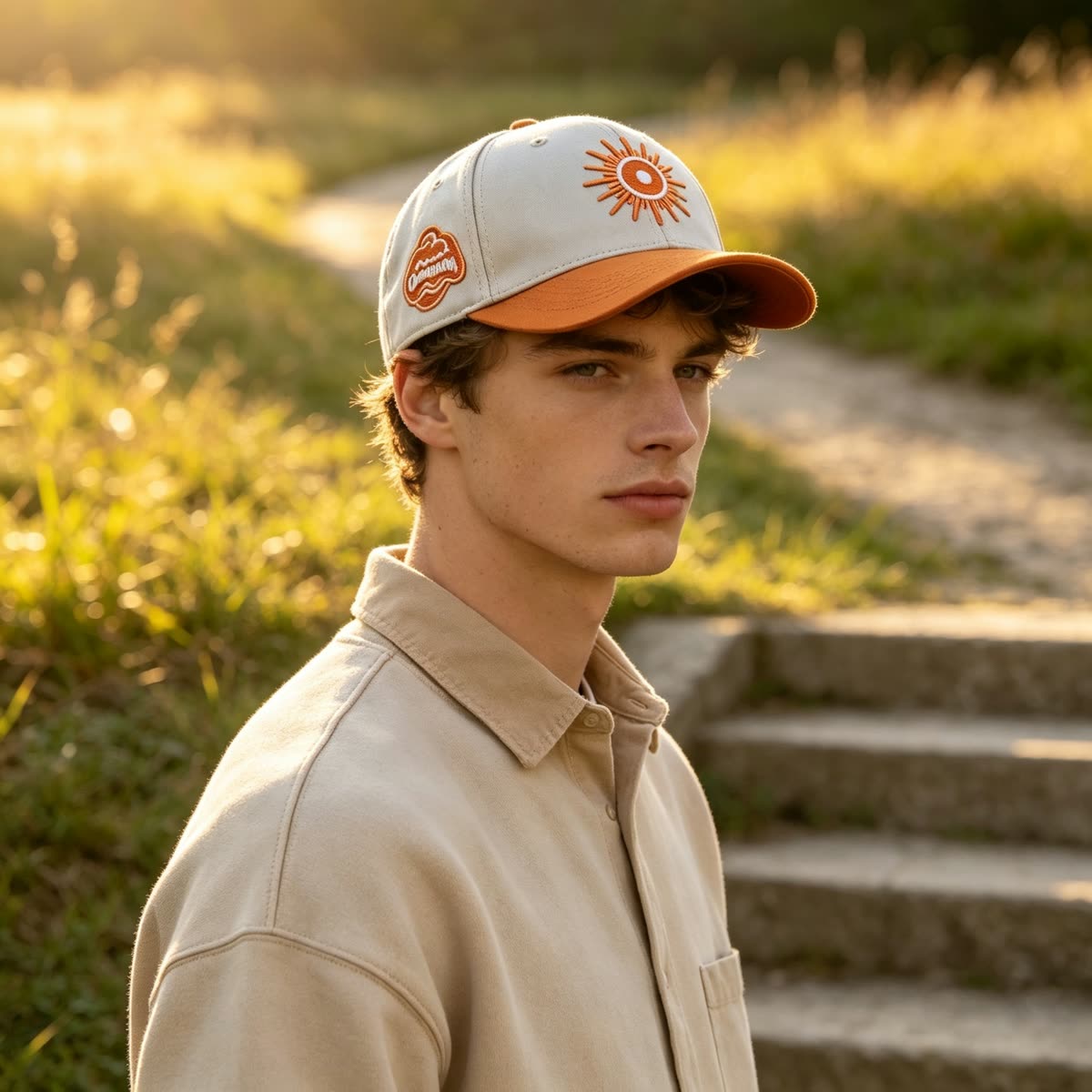 Custom Embroidered Patch Camp Cap with Two-Tone Design on model
