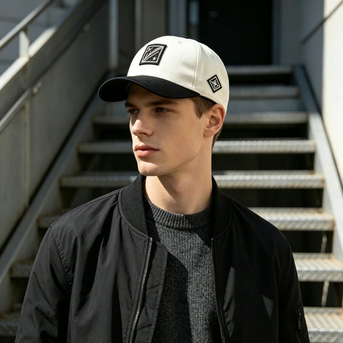 Custom Embroidered Patch Camp Cap with Two-Tone Design on model