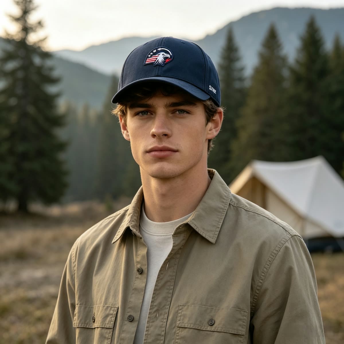 Custom Low Profile Baseball Cap with Embroidered Emblem on model