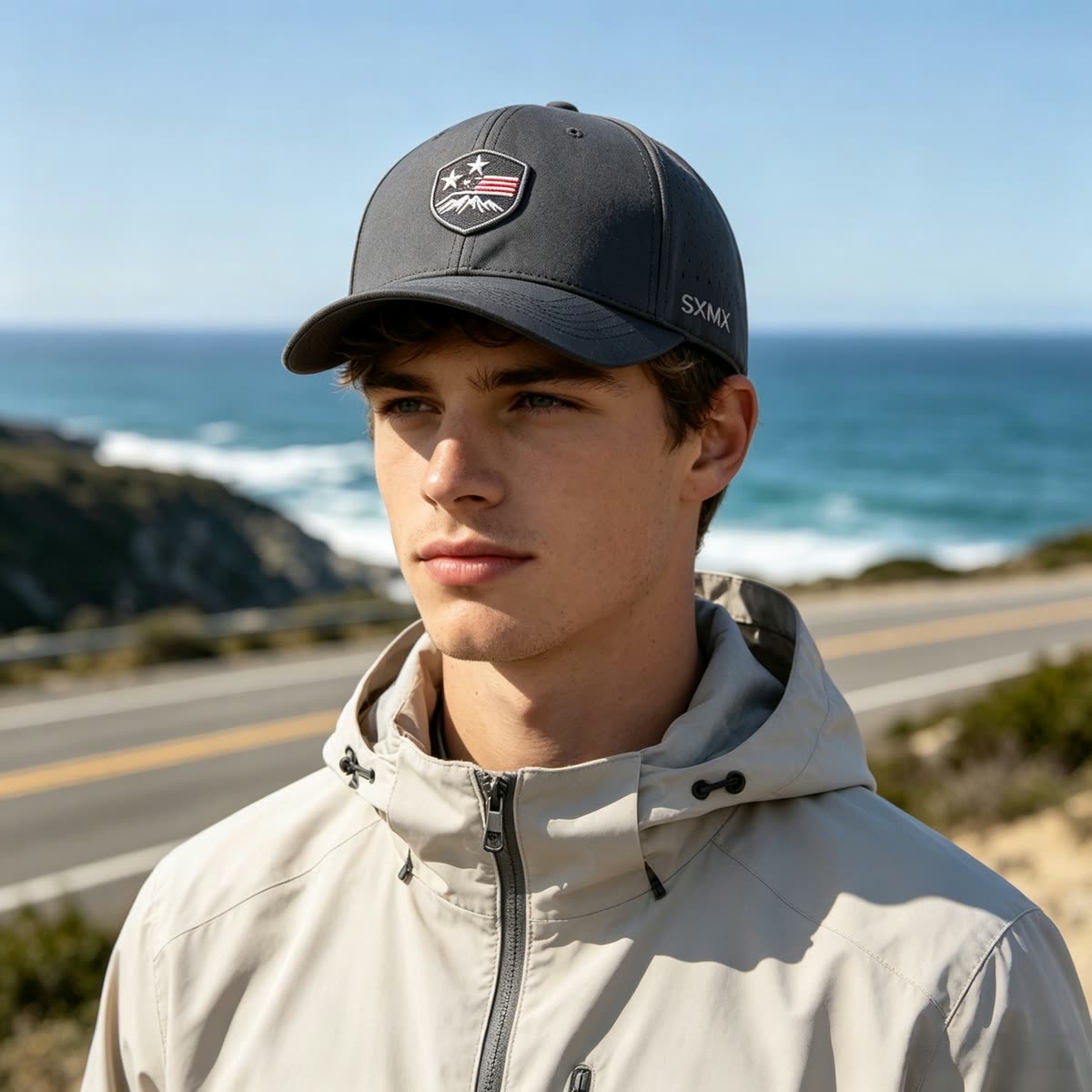Custom Low Profile Baseball Cap with Embroidered Emblem on model