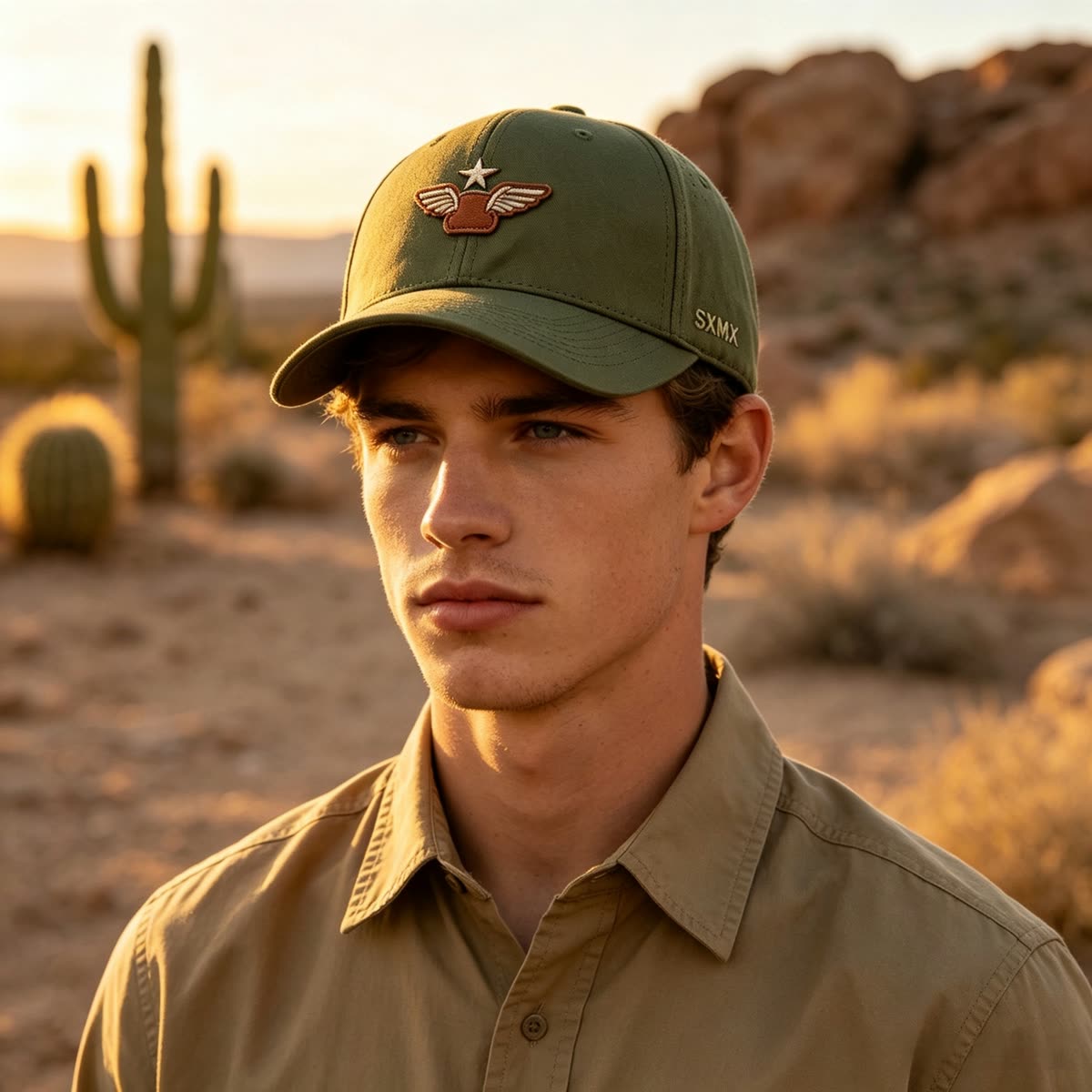 Custom Low Profile Baseball Cap with Embroidered Emblem on model