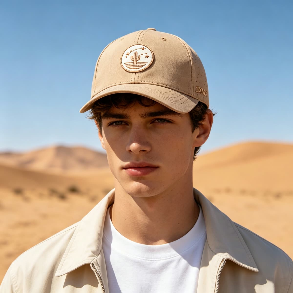 Custom Low Profile Baseball Cap with Embroidered Emblem on model