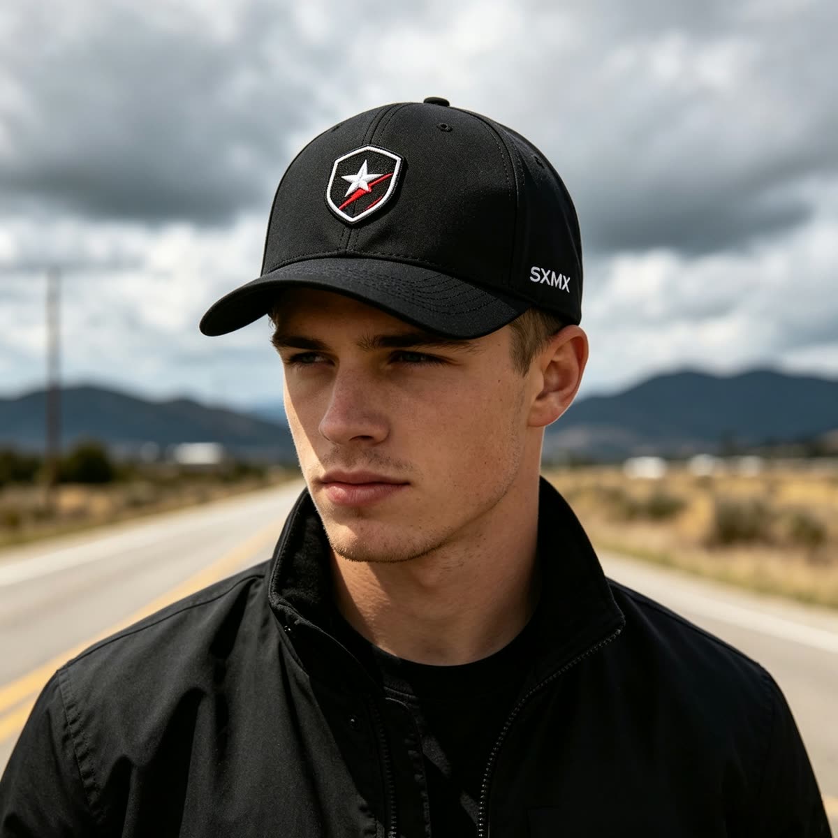 Custom Low Profile Baseball Cap with Embroidered Emblem on model