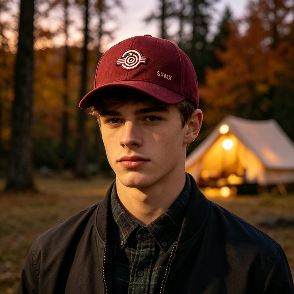 Custom Low Profile Baseball Cap with Embroidered Emblem on model