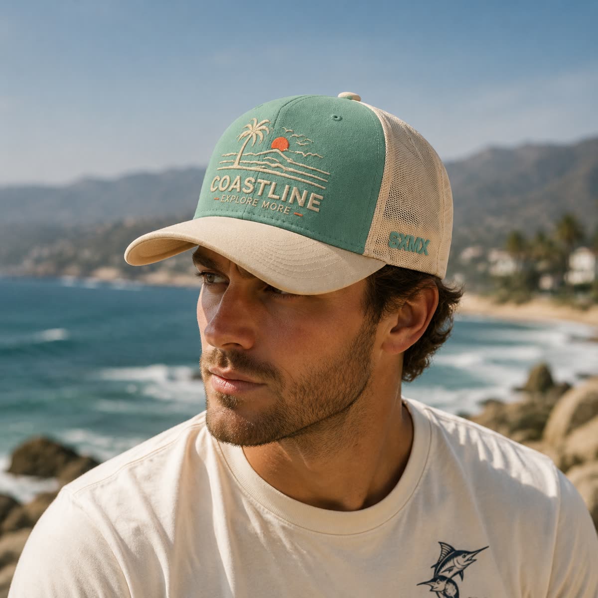 Custom Palm Sunset Embroidery Trucker Cap with Mesh Back on model