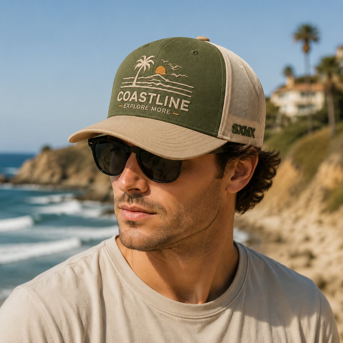 Custom Palm Sunset Embroidery Trucker Cap with Mesh Back on model