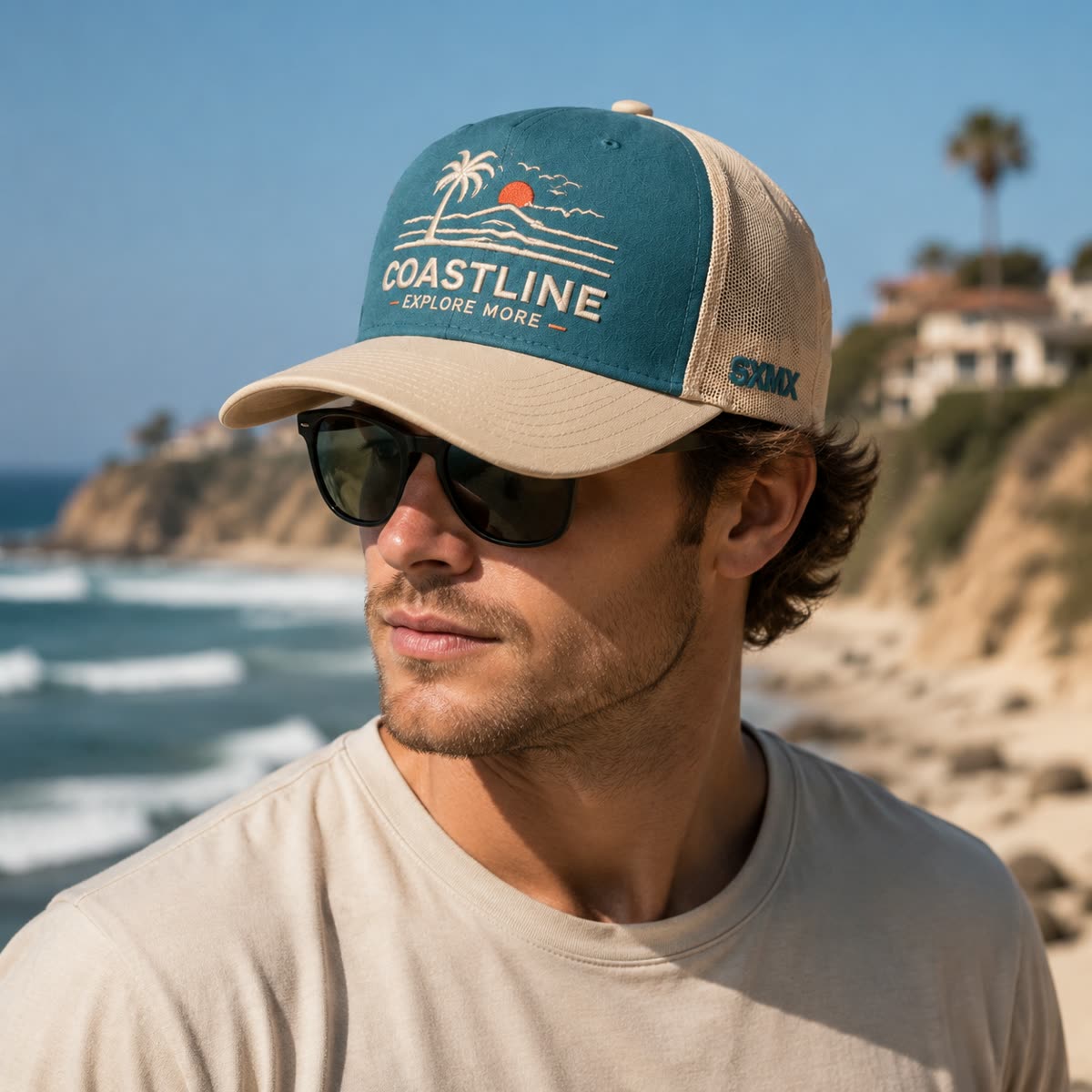Custom Palm Sunset Embroidery Trucker Cap with Mesh Back on model