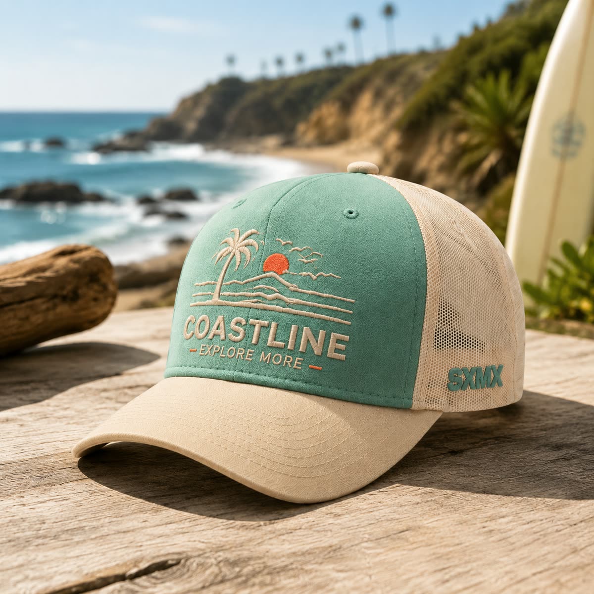 Custom Palm Sunset Embroidery Trucker Cap with Mesh Back scene