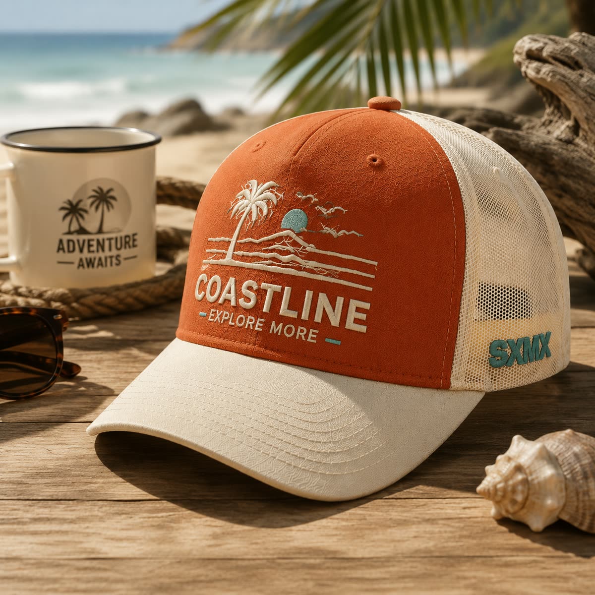 Custom Palm Sunset Embroidery Trucker Cap with Mesh Back scene