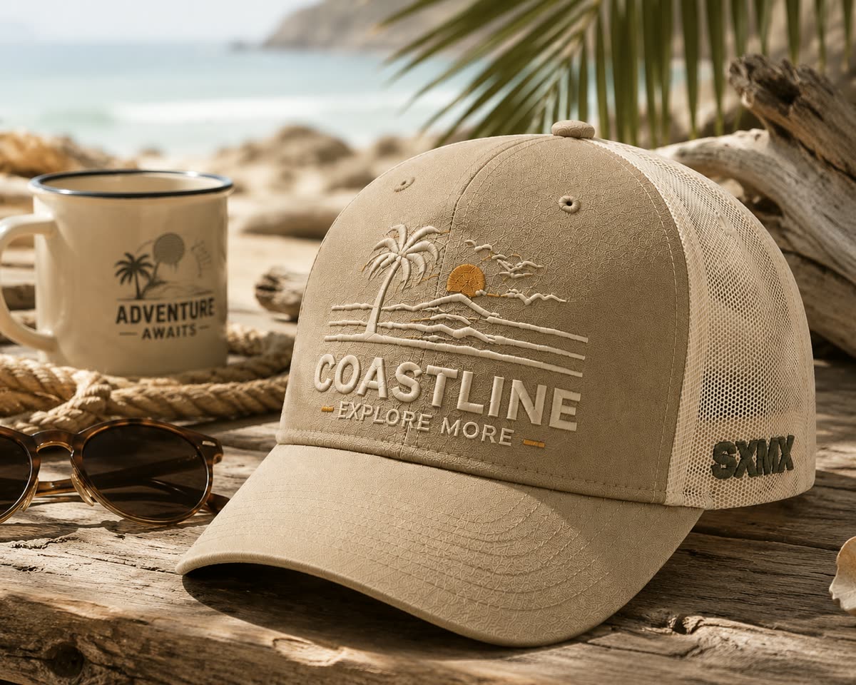 Custom Palm Sunset Embroidery Trucker Cap with Mesh Back scene