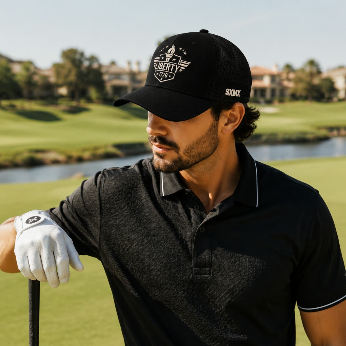 Custom Patriotic Embroidery Trucker Cap with Mesh Back on model