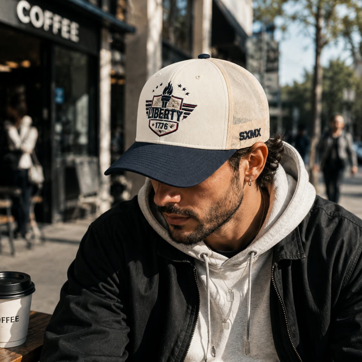 Custom Patriotic Embroidery Trucker Cap with Mesh Back on model