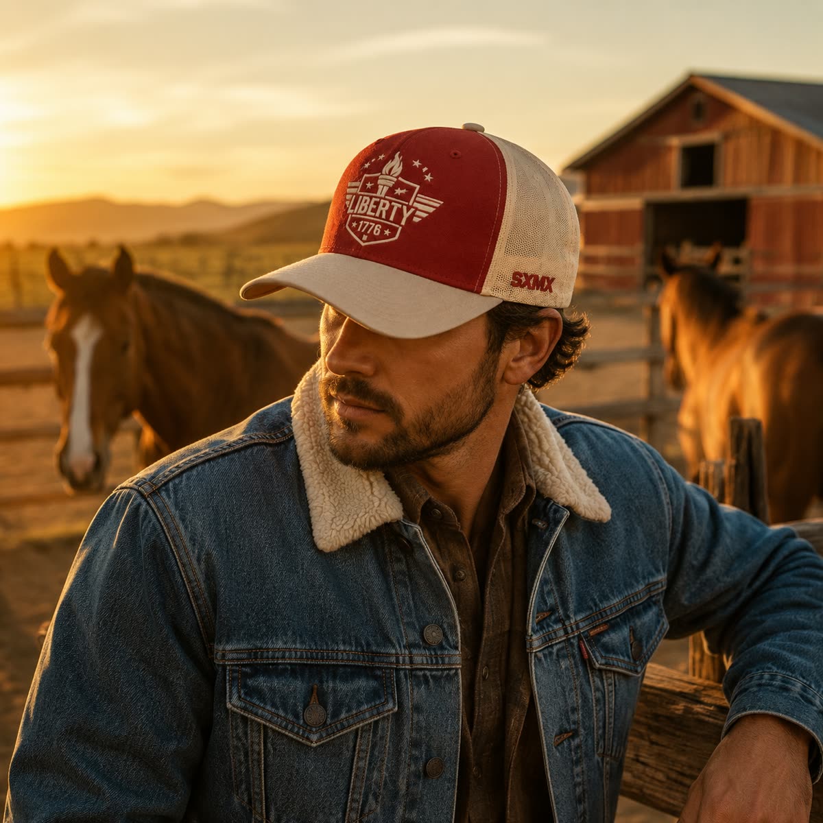 Custom Patriotic Embroidery Trucker Cap with Mesh Back on model