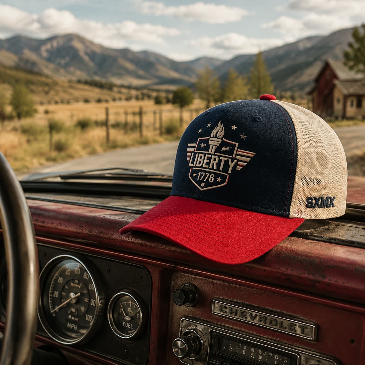 Custom Patriotic Embroidery Trucker Cap with Mesh Back on model