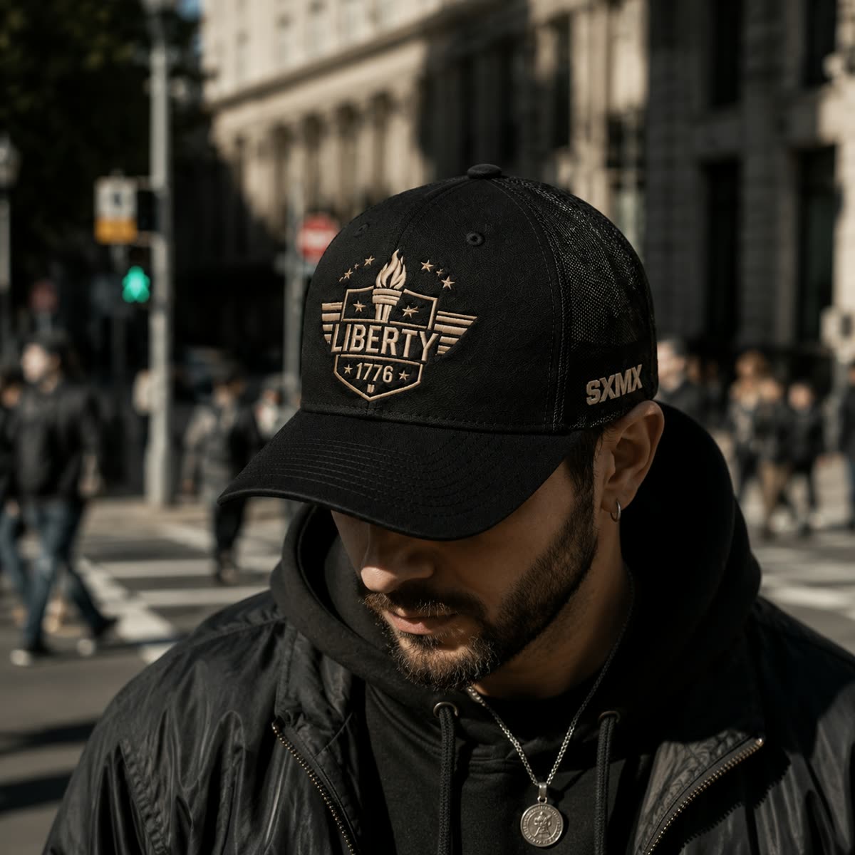 Custom Patriotic Embroidery Trucker Cap with Mesh Back on model