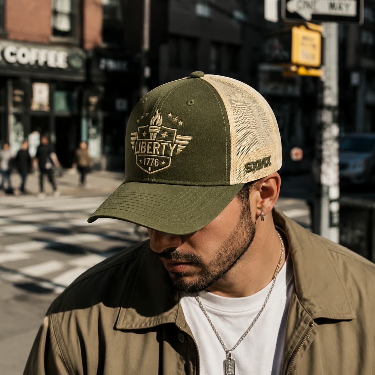 Custom Patriotic Embroidery Trucker Cap with Mesh Back on model