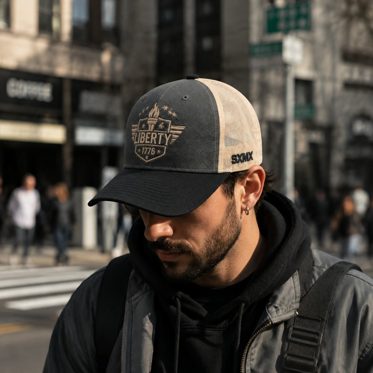 Custom Patriotic Embroidery Trucker Cap with Mesh Back on model