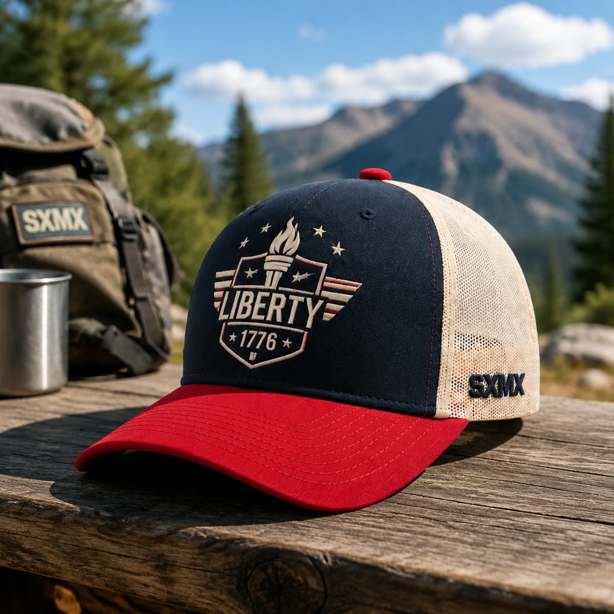 Custom Patriotic Embroidery Trucker Cap with Mesh Back scene