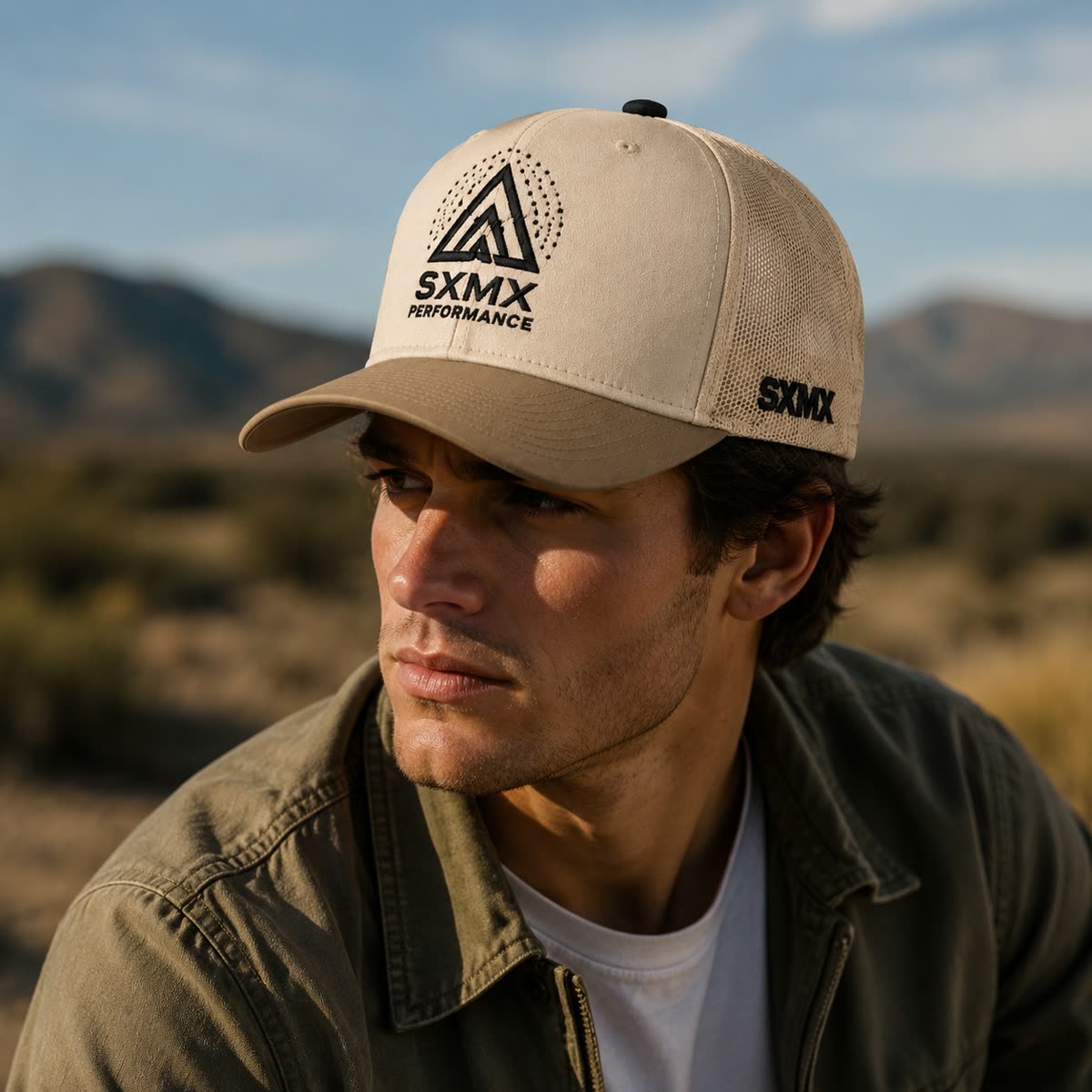 Custom Lime Accent Trucker Cap with Embroidered Logo on model