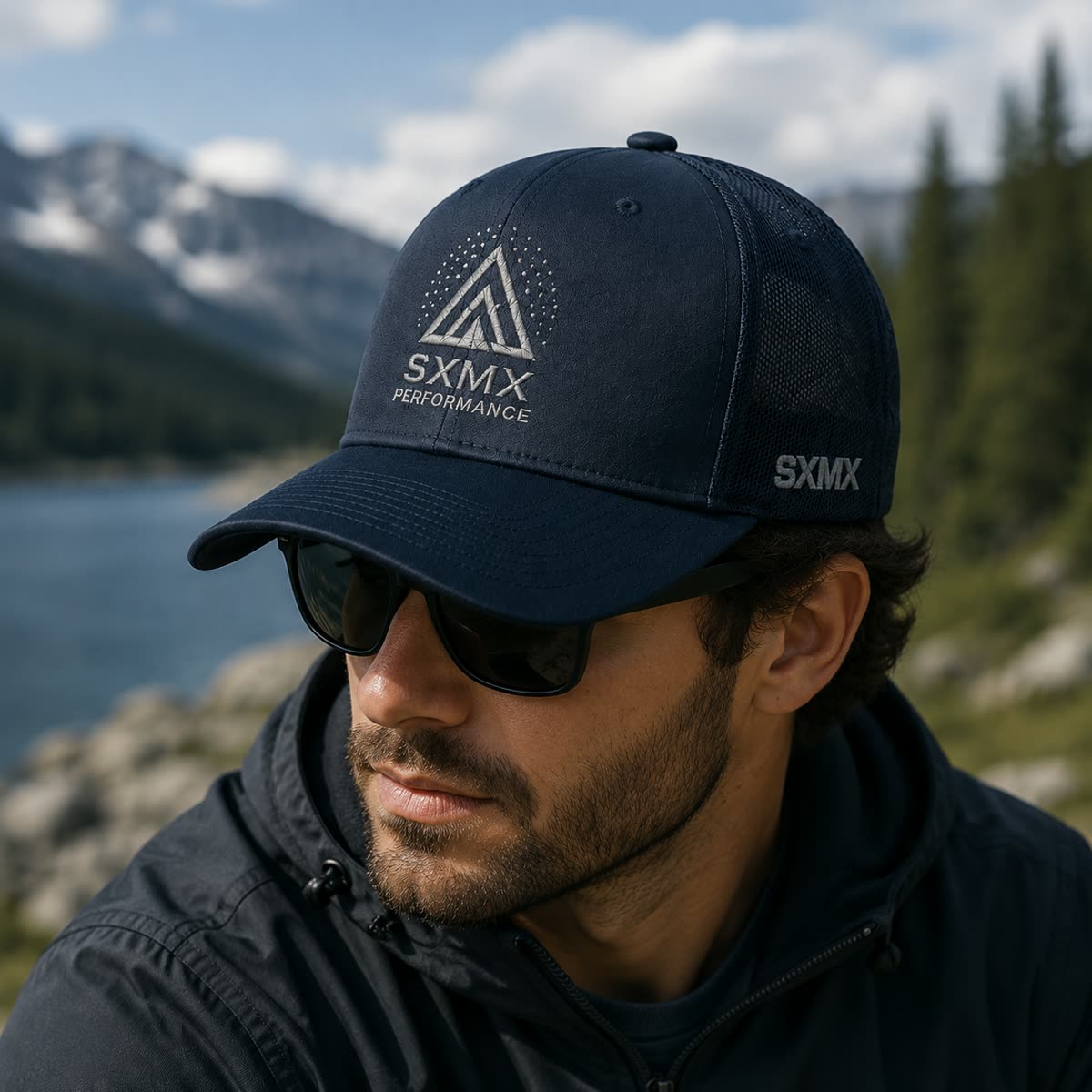 Custom Lime Accent Trucker Cap with Embroidered Logo on model