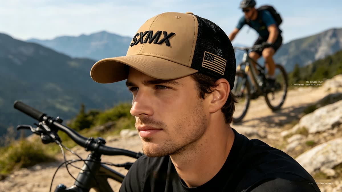 Custom Text Embroidery Trucker Cap with Mesh Back on model