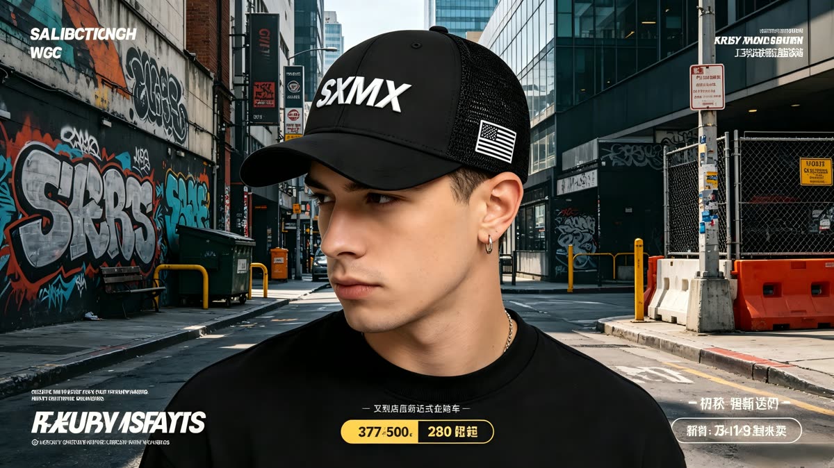Custom Text Embroidery Trucker Cap with Mesh Back on model