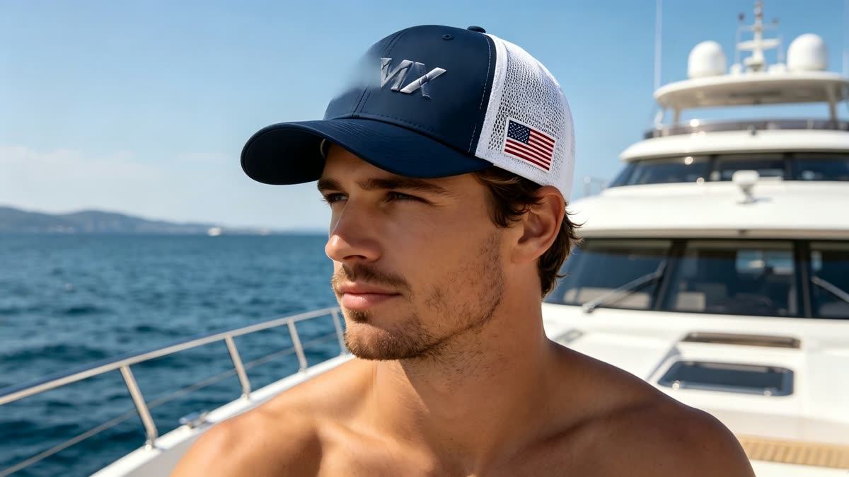 Custom Text Embroidery Trucker Cap with Mesh Back on model