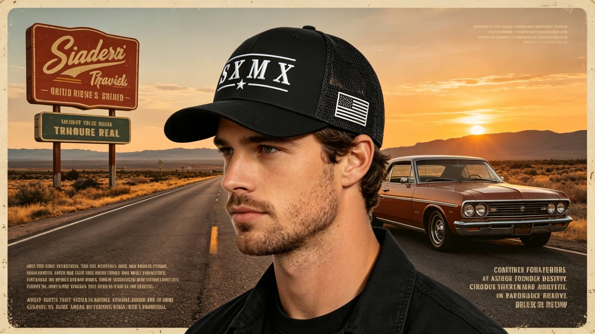 Custom Text Embroidery Trucker Cap with Mesh Back on model