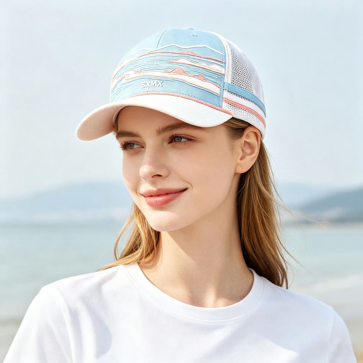 Custom Mountain Embroidery Trucker Cap with Striped Accents on model