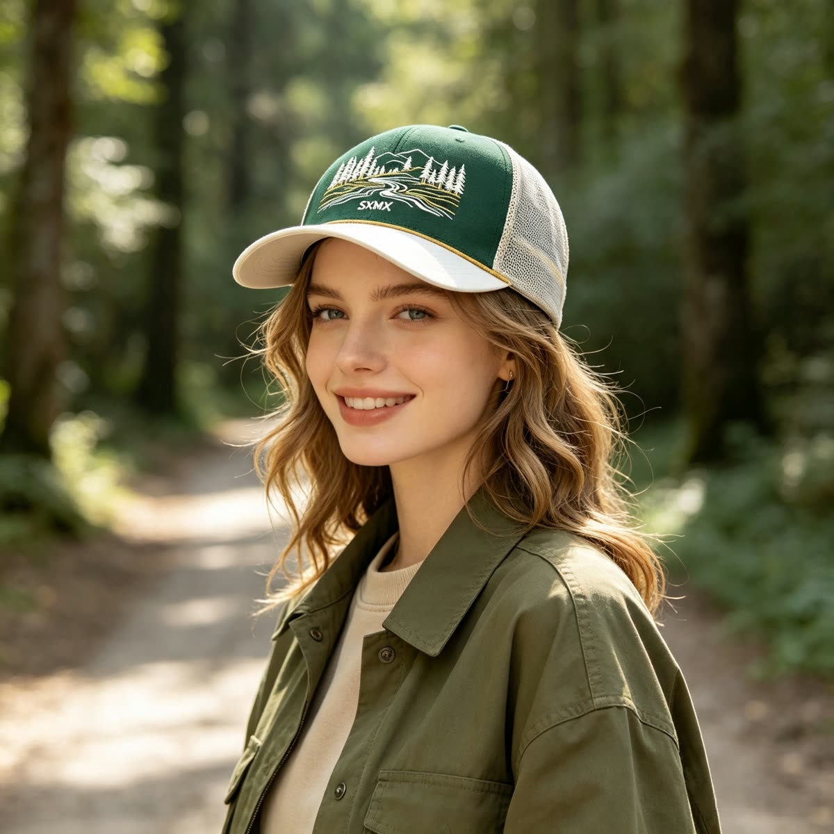 Custom Mountain Embroidery Trucker Cap with Striped Accents on model