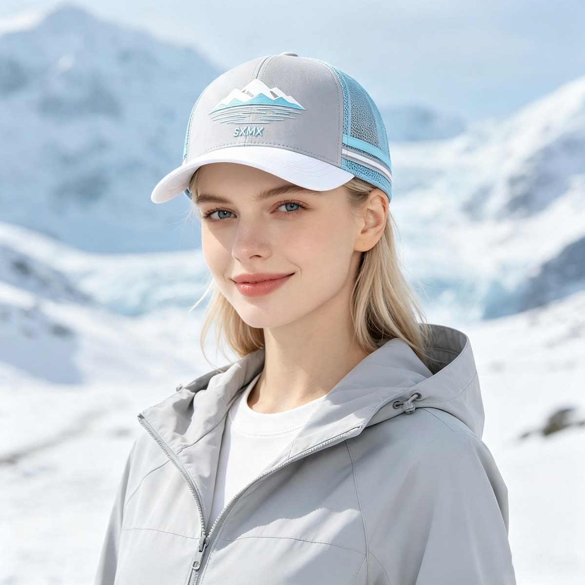 Custom Mountain Embroidery Trucker Cap with Striped Accents on model