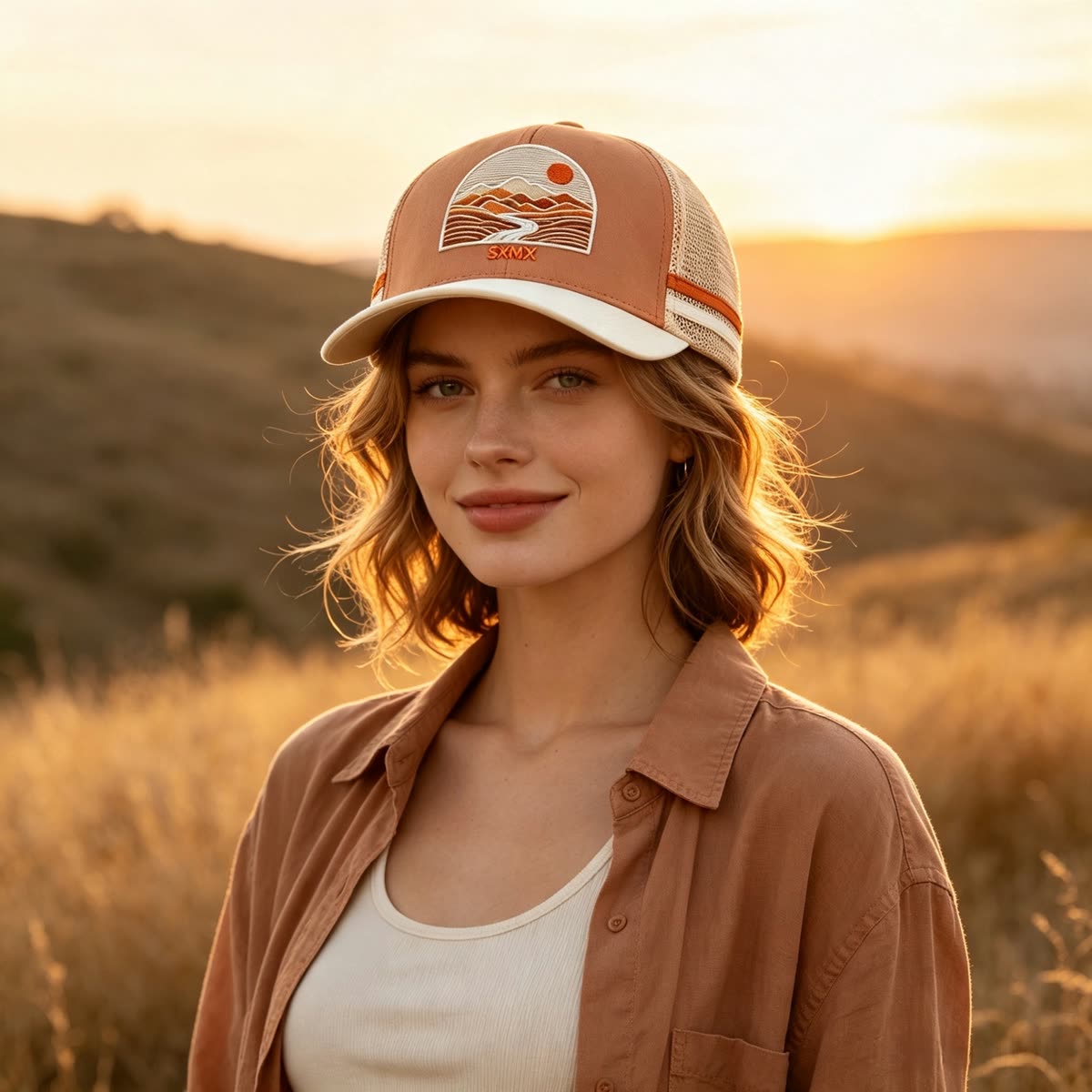 Custom Mountain Embroidery Trucker Cap with Striped Accents on model