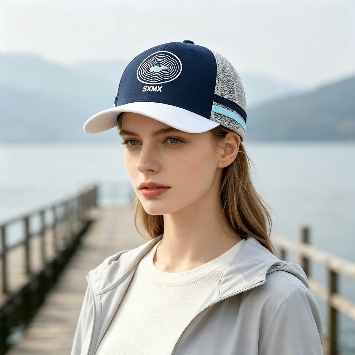 Custom Mountain Embroidery Trucker Cap with Striped Accents on model