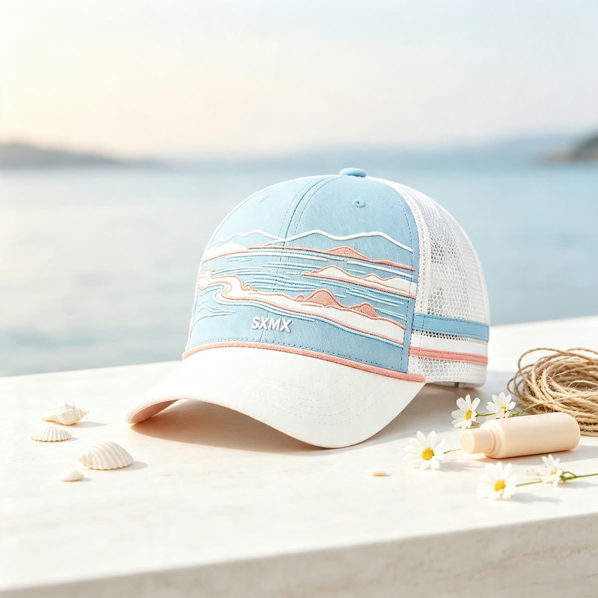 Custom Mountain Embroidery Trucker Cap with Striped Accents scene