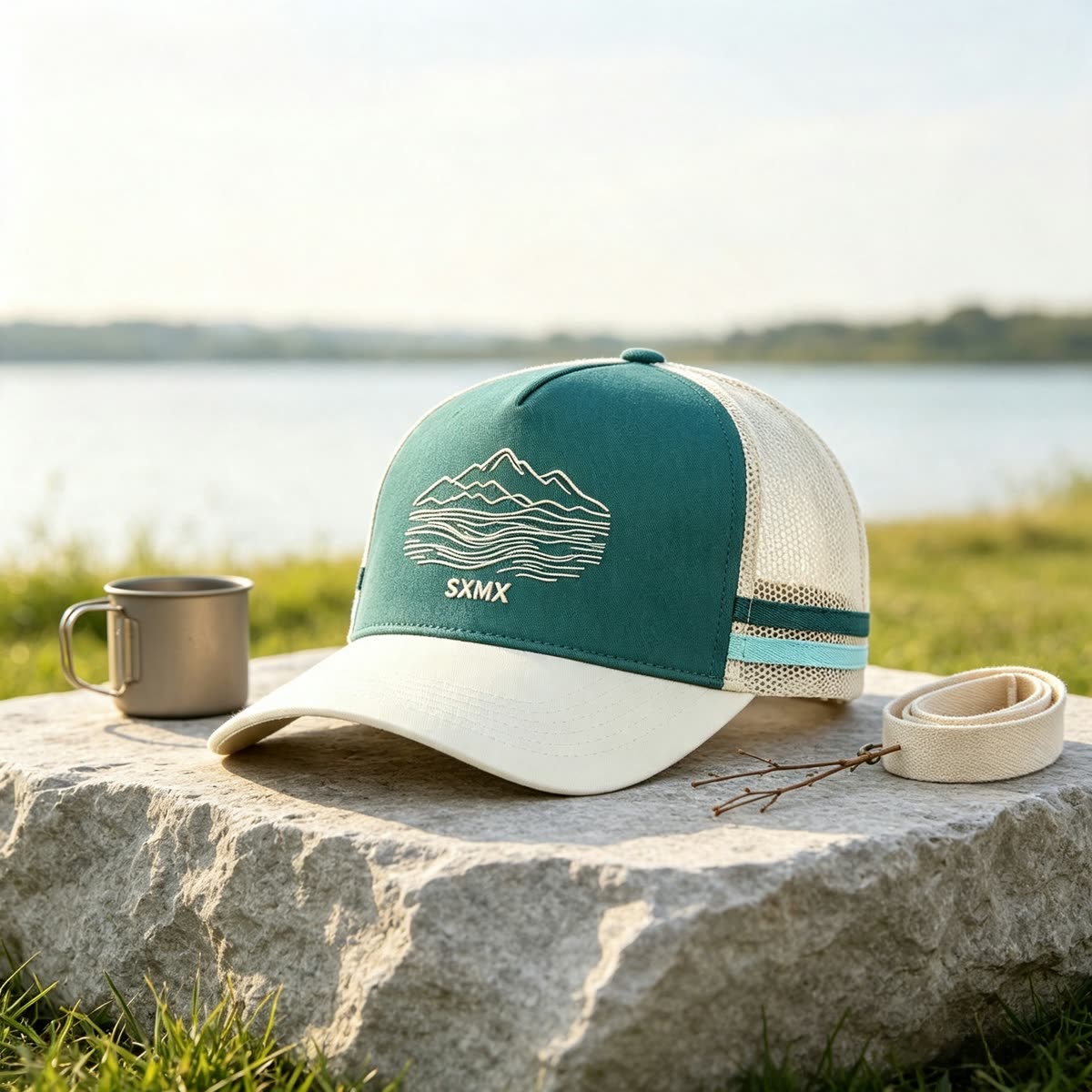 Custom Mountain Embroidery Trucker Cap with Striped Accents scene