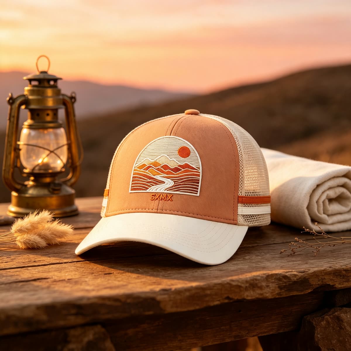 Custom Mountain Embroidery Trucker Cap with Striped Accents scene